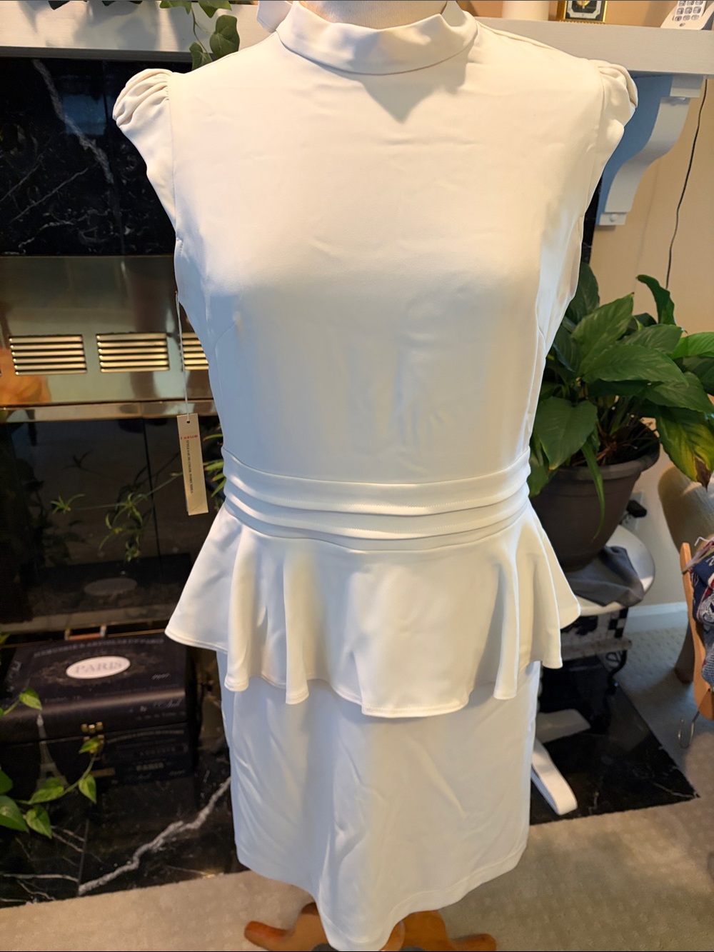 Issue New York Cream Peplum Midi Dress with Mock Neck